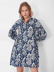 Navy & White Printed A-Line Dress