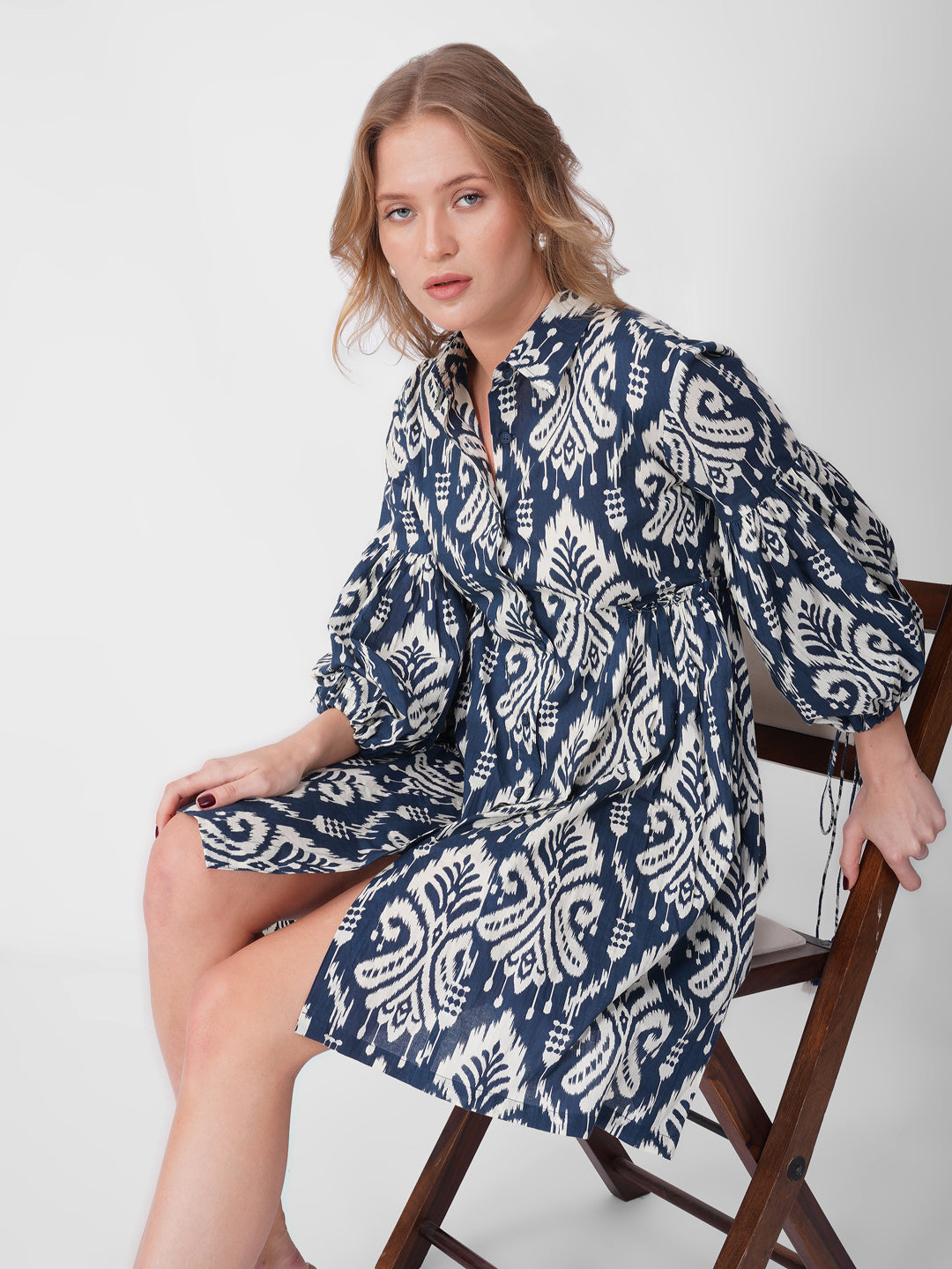 Navy & White Printed A-Line Dress