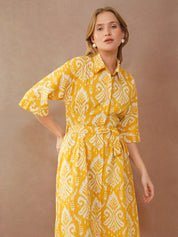 Yellow Ikat Printed Shirt Dress with Belt