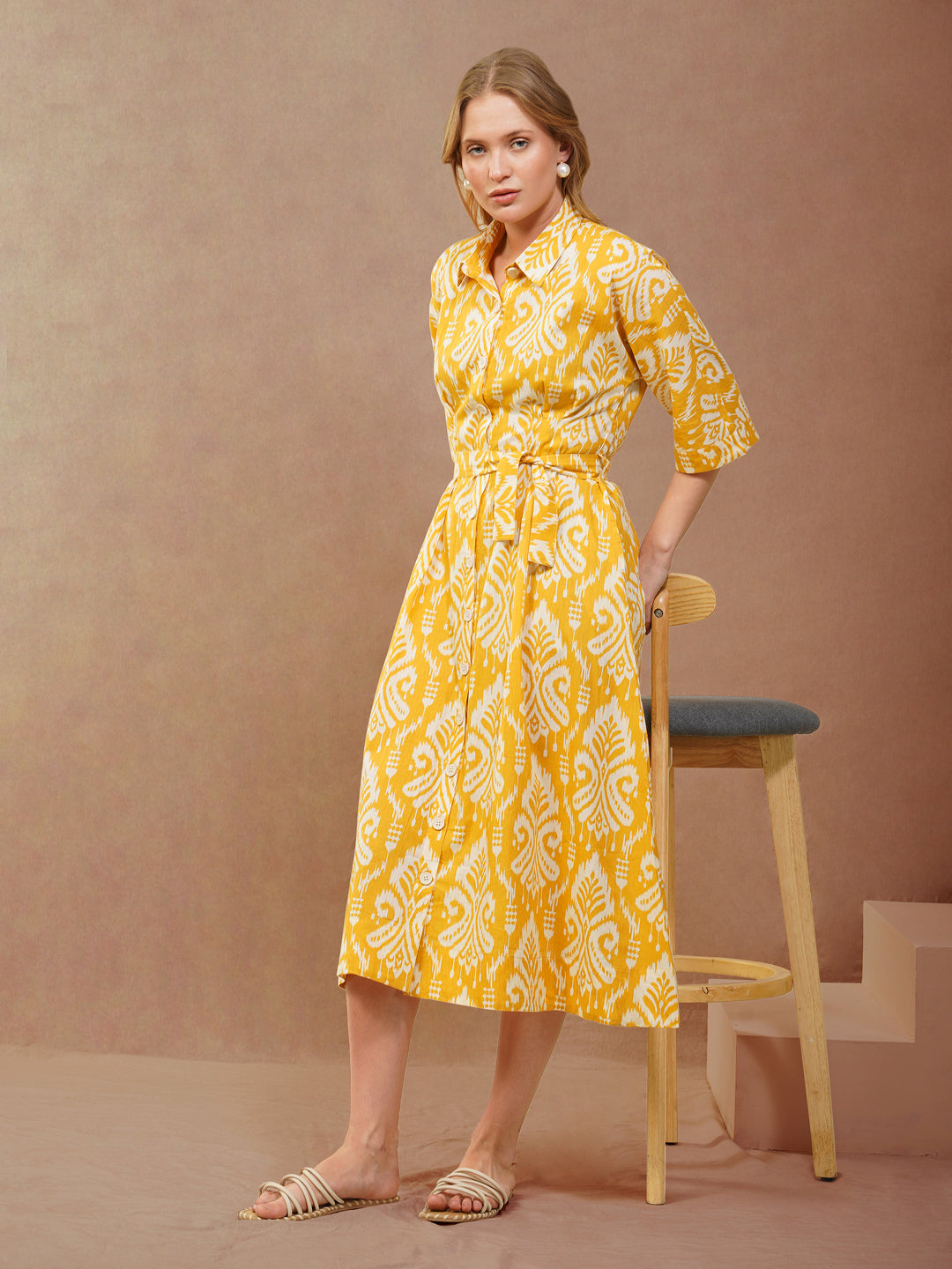 Yellow Ikat Printed Shirt Dress with Belt M Yellow Ikat Printed Shirt Dress with Belt M