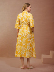 Yellow Ikat Printed Shirt Dress with Belt