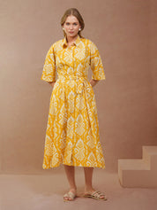 Yellow Ikat Printed Shirt Dress with Belt