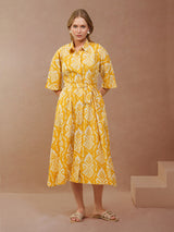 Yellow Ikat Printed Shirt Dress with Belt