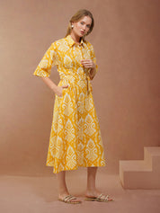Yellow Ikat Printed Shirt Dress with Belt