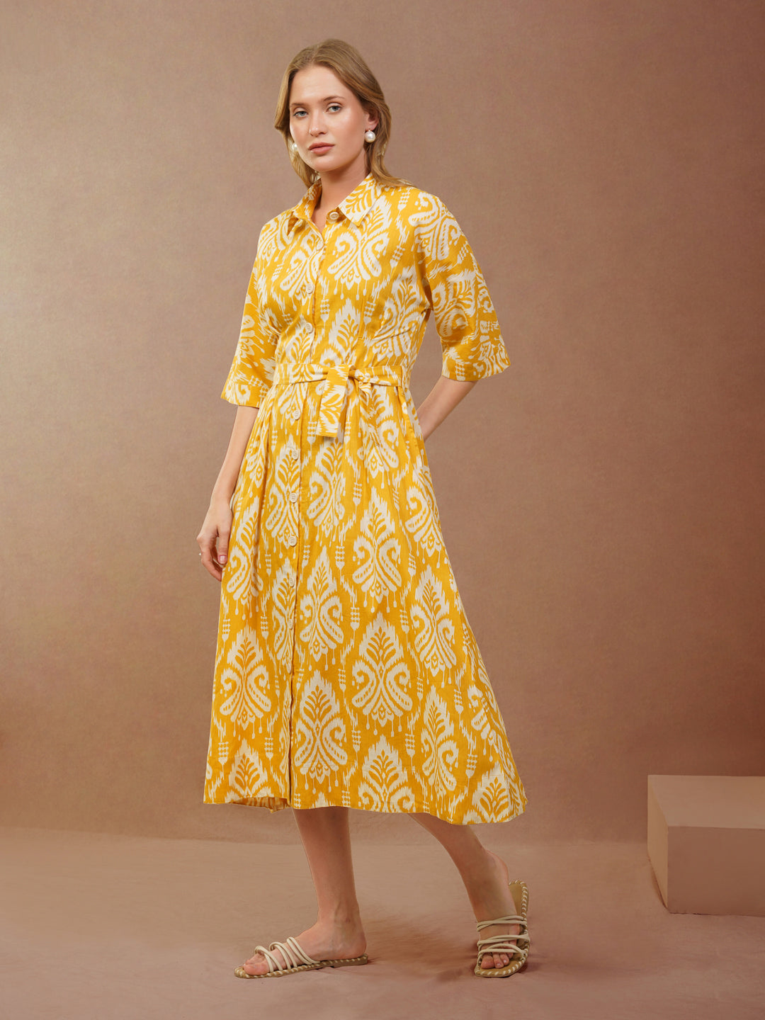 Yellow Ikat Printed Shirt Dress with Belt