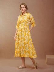 Yellow Ikat Printed Shirt Dress with Belt