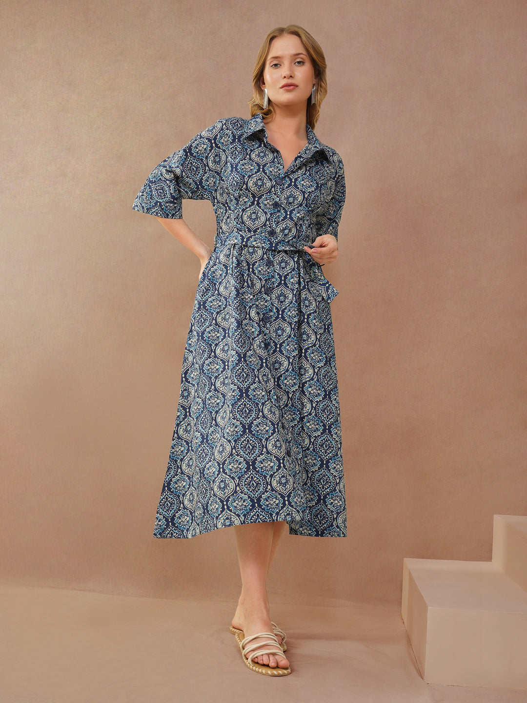 Blue Geometric Print Flared Shirt Dress