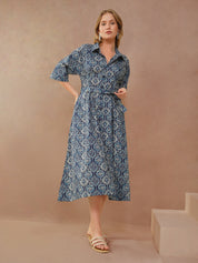 Blue Geometric Print Flared Shirt Dress