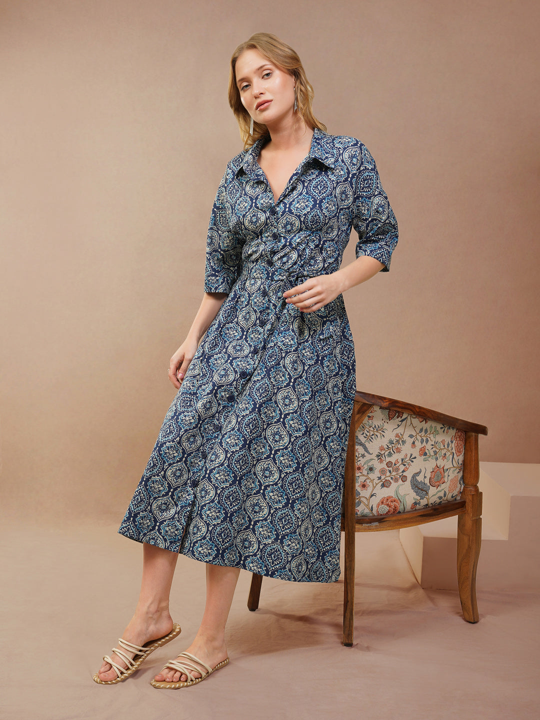 Blue Geometric Print Flared Shirt Dress
