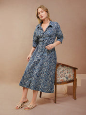 Blue Geometric Print Flared Shirt Dress