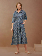 Blue Geometric Print Flared Shirt Dress