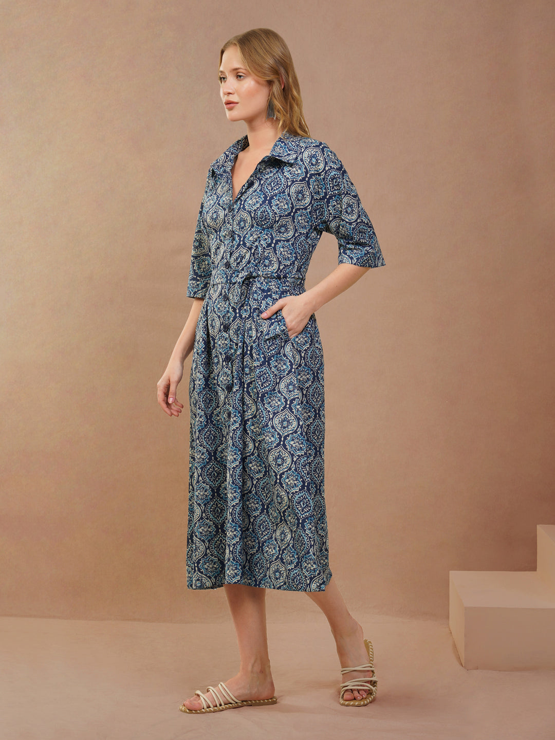 Blue Geometric Print Flared Shirt Dress