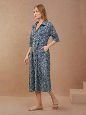 Blue Geometric Print Flared Shirt Dress
