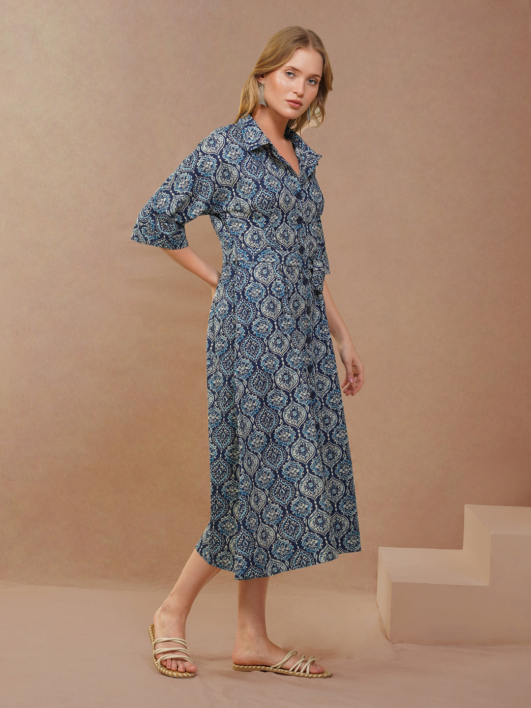 Blue Geometric Print Flared Shirt Dress