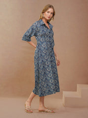 Blue Geometric Print Flared Shirt Dress