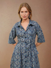Blue Geometric Print Flared Shirt Dress