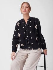 Black & White Ikat Print V-Neck Shirt