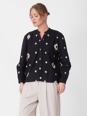 Black & White Ikat Print V-Neck Shirt
