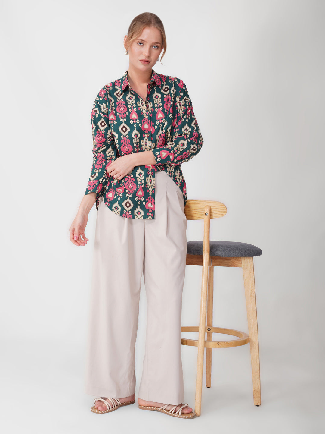 Green & Pink Ikat Print Full-Sleeve Shirt