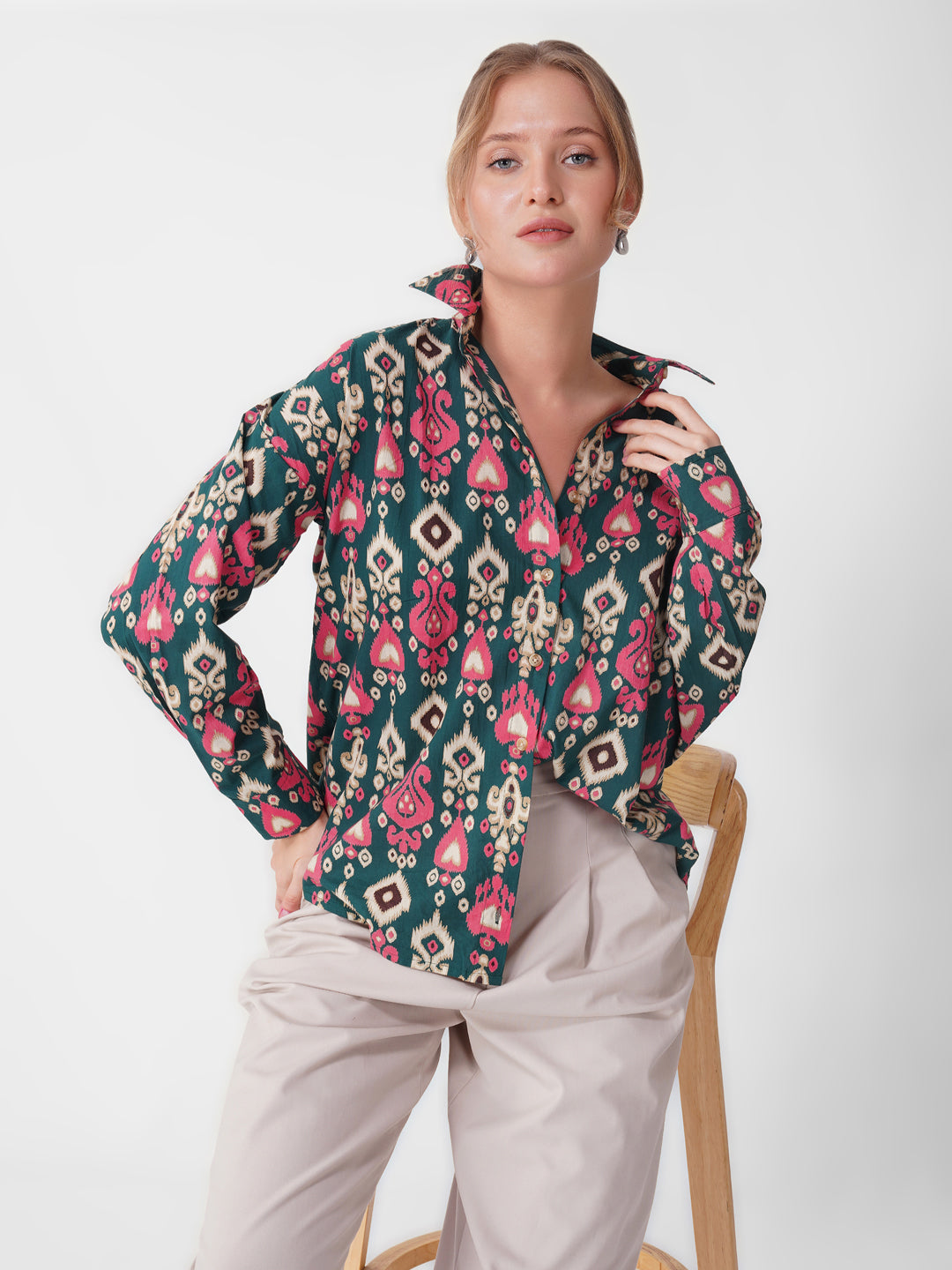 Green & Pink Ikat Print Full-Sleeve Shirt