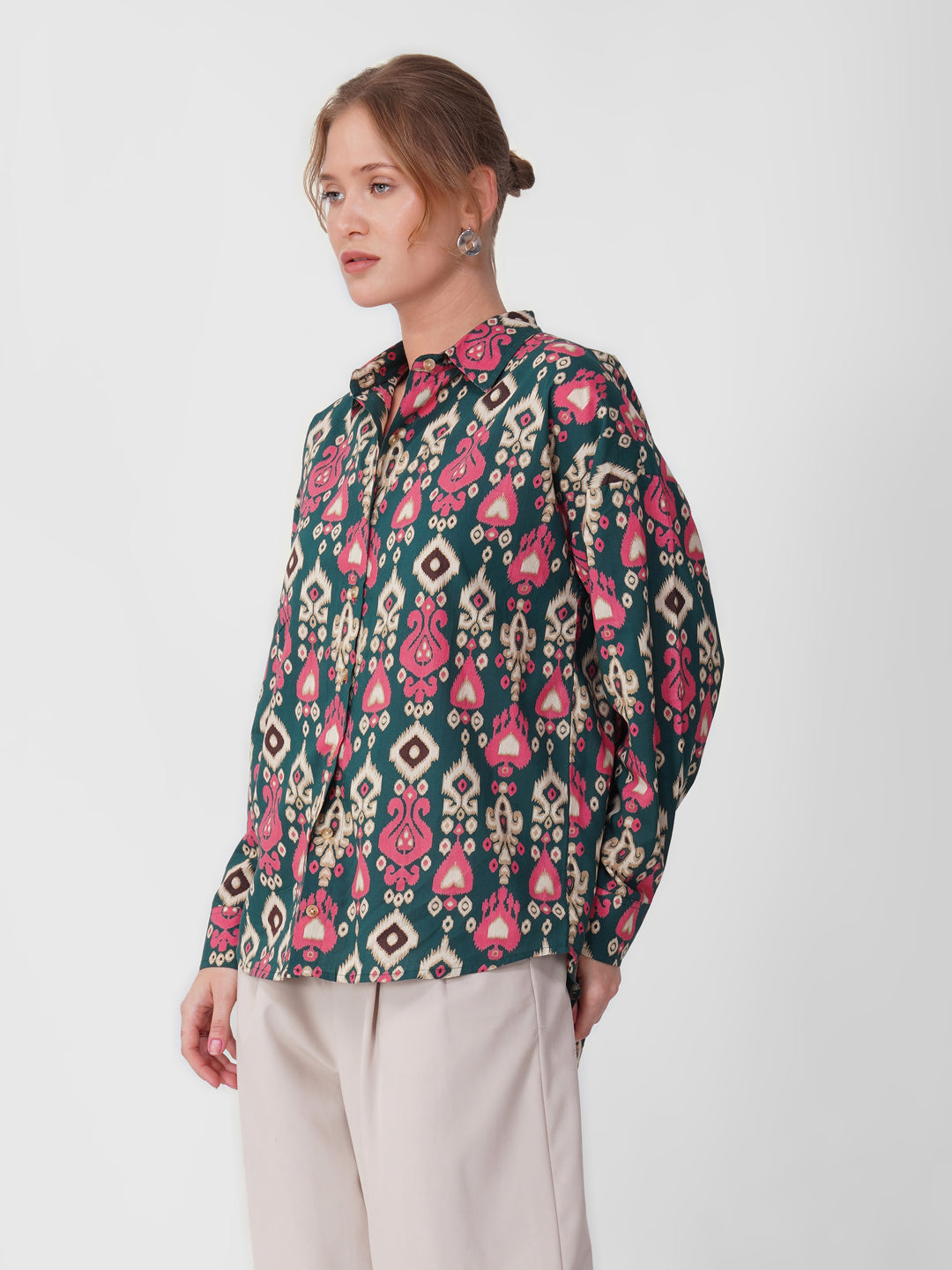 Green & Pink Ikat Print Full-Sleeve Shirt