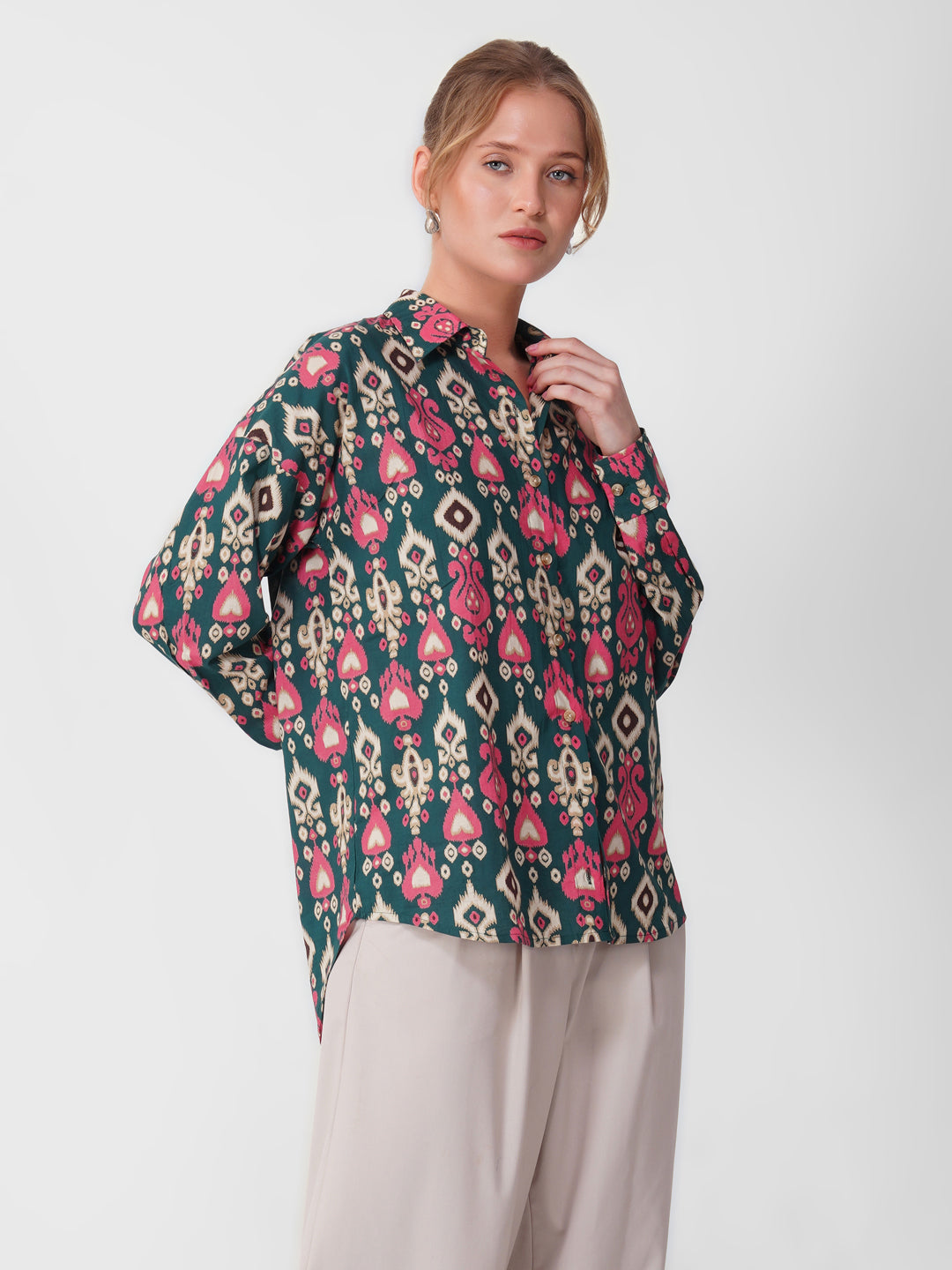 Green & Pink Ikat Print Full-Sleeve Shirt